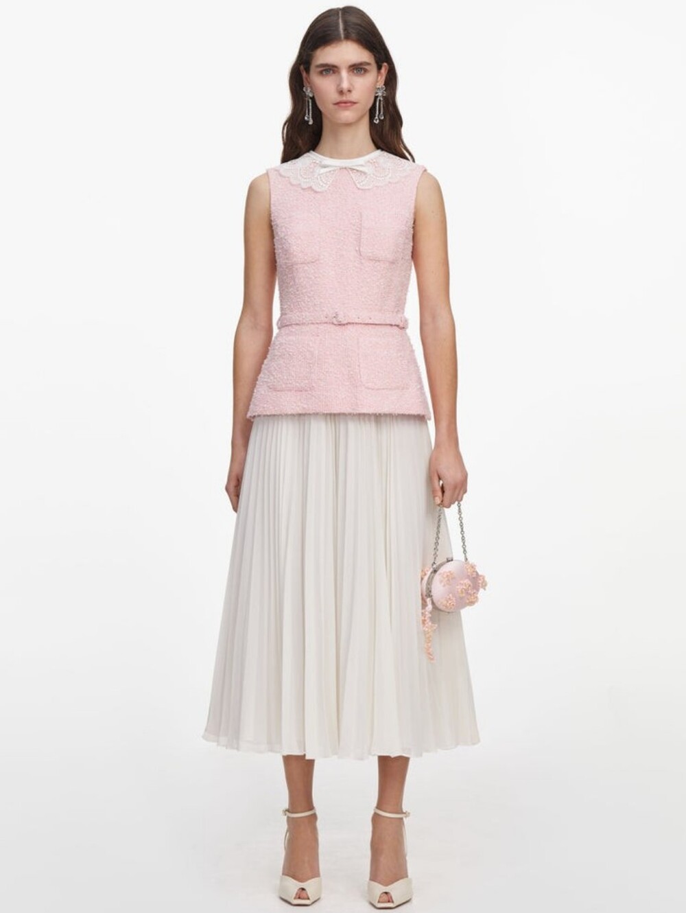 Self Portrait Pink Boucle Lace Collar Midi Dress